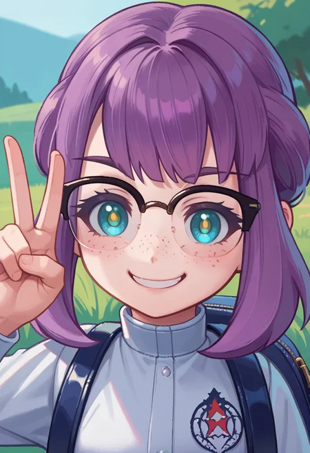 facial expression, score_7_up, score_8_up,score_9, red_osp shinycatherine, 1girl, blue eyes with yellow pupils, purple hair, bangs, romantic tuck hairstyle, freckles, glasses, white tracksuit, backpack, full torso, peace, happy, winking, smiling, facing viewer