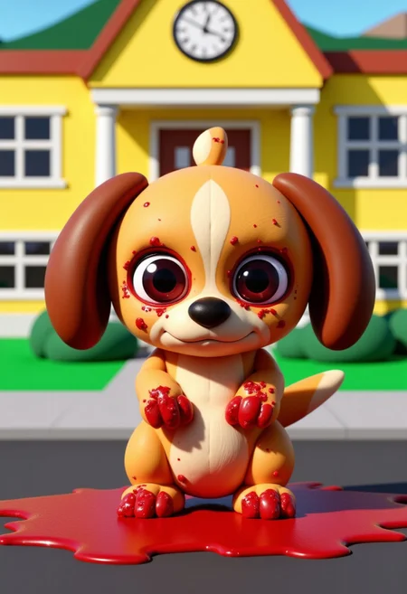 an image in the style of the tv show south park of A 3D-rendered isabelle (animal crossing), anthro-dog in a simple cartoon style with large plain eyes and a large round head. Simple and cute, standing in front of a yellow school building.  The image has a terrifying contrast between the adorable isabelle antrho-dog and the cute cartoon surroundings, and the realistic blood coming from her eyes and covering her paws, pooling on the ground in front of her.  The blood and eye lacerations should be rendered in extreme realistic detail making her an Ugly Cute monster creature