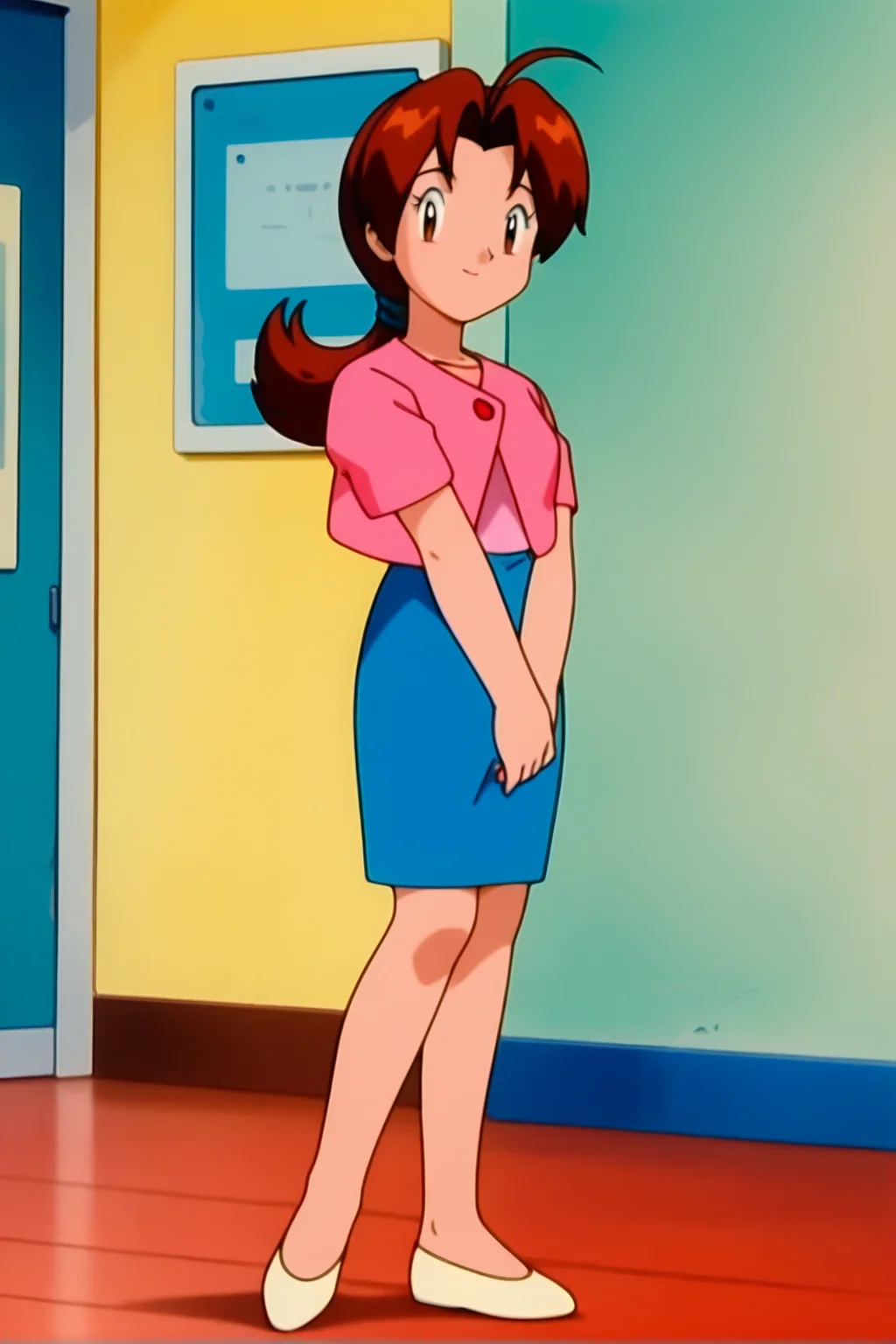 retro artstyle, 1990s \(style\), pokemon \(classic anime\), deliaca, 1girl, solo, brown eyes, long hair, looking at viewer, skirt, brown hair, standing, jacket, full body, ahoge, ponytail, short sleeves, shoes, parted bangs, blue skirt, white footwear, own hands together, pencil skirt, v arms, |_|, pink jacket, retro artstyle, shirt, jewelry, indoors, pink shirt, mature female, delia ketchum,
<lora:Delia_Ketchump_Classic_Anime:1>