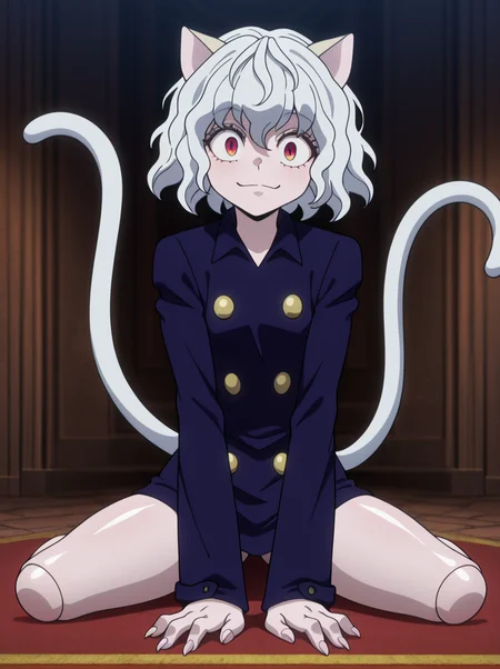 masterpiece, best quality, amazing quality, very aesthetic, absurdres, newest,shiny skin,  anime screenshot, 
 <lora:Neferpitouillust:1>1girl, neferpitouillust, other focus, solo, animal ears, cat ears, tail, cat tail, androgynous, short hair, white hair, smile, doll joints