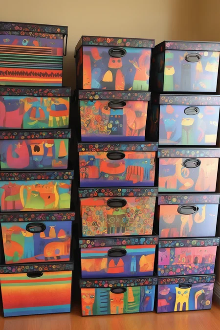 <lora:Laurel Burch Style:1>Laurel Burch Style - storage boxes on home office