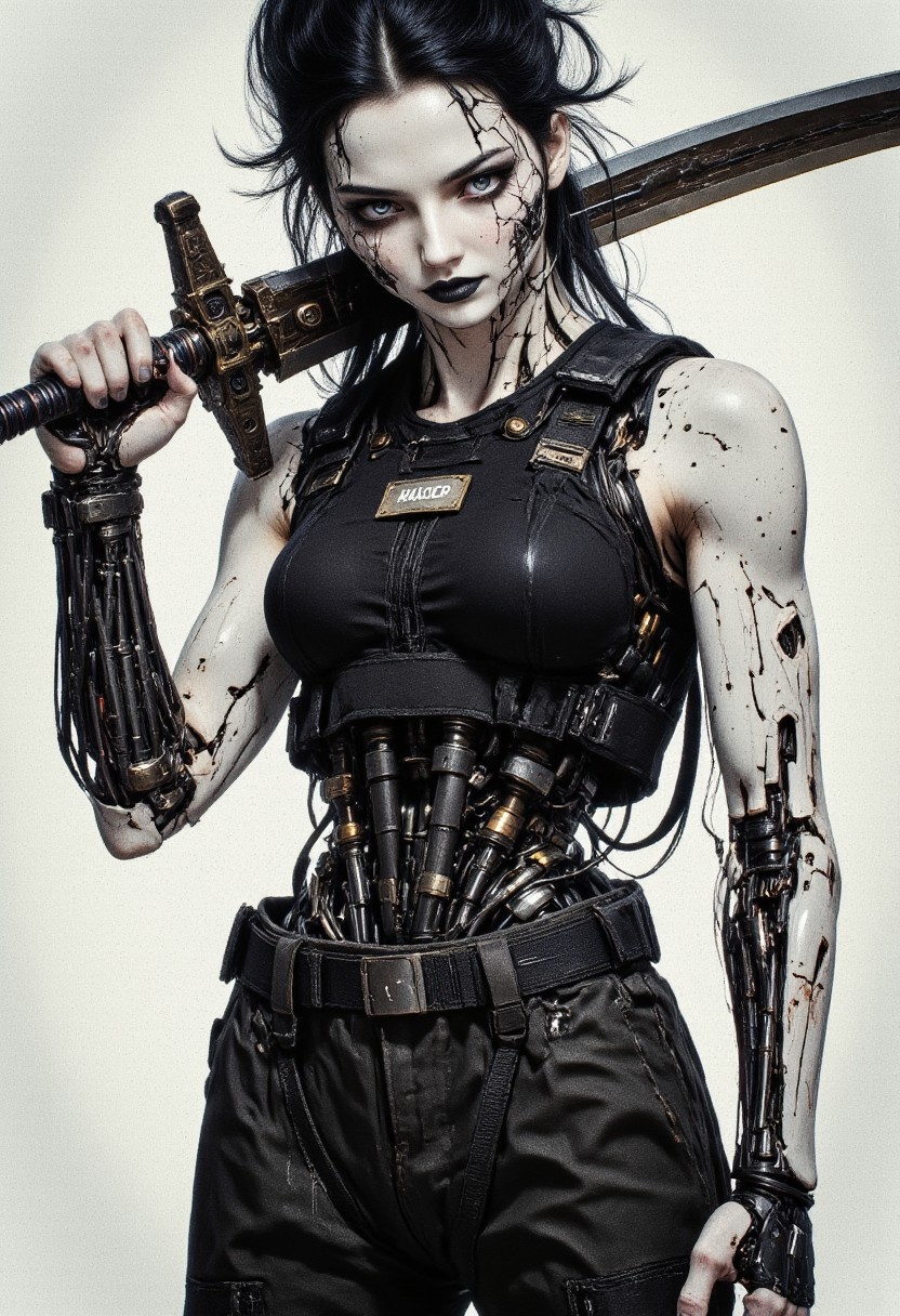 This is a highly detailed, hyper-realistic digital artwork in a cyberpunk style. The subject is a female character with a pale, almost albino complexion, FictionalCrystal, a goth girl with heavy black eye makeup and black lipstick. black tousled updo hair, showcasing a sleek, mechanical aesthetic. Her skin is adorned with intricate circuitry and cybernetic implants, giving her an otherworldly appearance. She has a lean, athletic build and a stern, focused expression. She wears a black, tactical vest over her chest, adorned with various pouches and straps, indicating a preparedness for combat or survival. The vest has a small, rectangular label on the chest that reads "HACKER." Her attire includes loose, dark pants that are slightly baggy and feature a utility belt with various pouches and tools. The character wields a large, curved sword with a hilt wrapped in black material, held across her back diagonally, indicating she is ready for combat. Her left arm is a cybernetic limb, with exposed wires and mechanical parts visible. R3alisticF