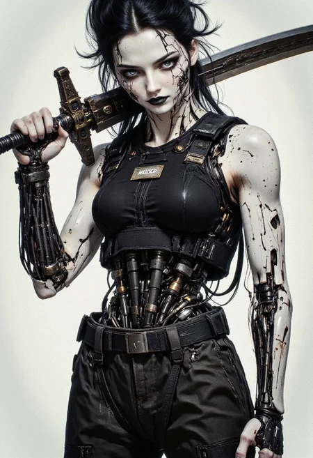 This is a highly detailed, hyper-realistic digital artwork in a cyberpunk style. The subject is a female character with a pale, almost albino complexion, FictionalCrystal, a goth girl with heavy black eye makeup and black lipstick. black tousled updo hair, showcasing a sleek, mechanical aesthetic. Her skin is adorned with intricate circuitry and cybernetic implants, giving her an otherworldly appearance. She has a lean, athletic build and a stern, focused expression. She wears a black, tactical vest over her chest, adorned with various pouches and straps, indicating a preparedness for combat or survival. The vest has a small, rectangular label on the chest that reads "HACKER." Her attire includes loose, dark pants that are slightly baggy and feature a utility belt with various pouches and tools. The character wields a large, curved sword with a hilt wrapped in black material, held across her back diagonally, indicating she is ready for combat. Her left arm is a cybernetic limb, with exposed wires and mechanical parts visible. R3alisticF