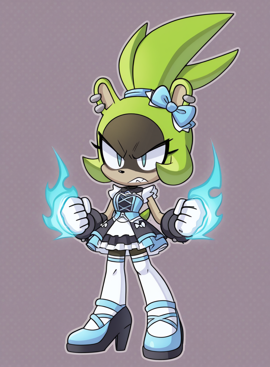 solo, <lora:krack:1> krackstyle, furry, no humans,
<lora:Surge-IL:0.8> surge the tenrec, green fur, black fur, two-toned fur, topknot, ponytail, idol outfit, frilled dress, thighhighs, heels, gloves, ribbon, hair bow, standing, clenched fists, angry snarl, intense gaze, fiery disposition, extremely detailed, highres, masterpiece, best quality