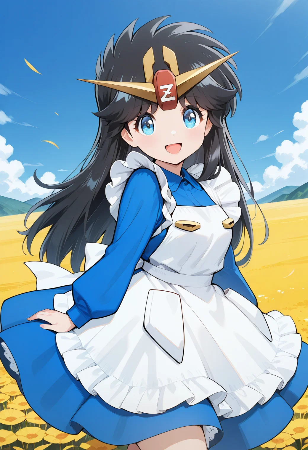 ZetaChan, v-fin, tiara, blue eyes, black hair, long hair, blue dress, long sleeves, white apron, <lora:ZetaChan_illustrious_ver1:0.8>
smile, open mouth,, masterpiece, best quality, general,, 1girl, solo, (field:1.2), (blue sky:1.2), looking at viewer,, (cowboy shot, dynamic pose:1.4),