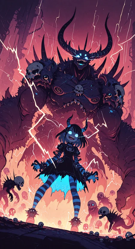 masterpiece,best quality,amazing quality, 1girl, smile, open mouth, blue eyes, dress, pantyhose, horns, teeth, striped clothes, glowing, sharp teeth, glowing eyes, spikes, monster, skull, electricity, giant, striped pantyhose, lightning, Dutch angle, Flatline, Flat vector illustration,
rapscallionstyle <lora:ponyv6_noobE11_2_adamW-000017:0.3> <lora:mon_monmon2133:0.5> <lora:114558v4df2fsdf5:0.6> <lora:checkpoint-e18_s306:1.3> <lora:Rapscallion_Illustrious:0.7>