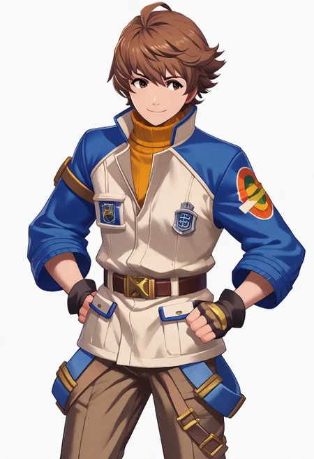 score_9, score_8_up, score_7_up, source_anime, 1girl, solo, blush, smile, hands on hips <lora:zs_FEWarriorsPortraitsXL:1> fewarriorsportraits, portrait, white background, 1boy, male focus, <lora:lloydbannings-pdxl-nvwls-v1:1> trailslloyd, brown hair, brown eyes, jacket, blue sleeves, turtleneck, fingerless gloves, black gloves, belt, brown pants, boots,smile