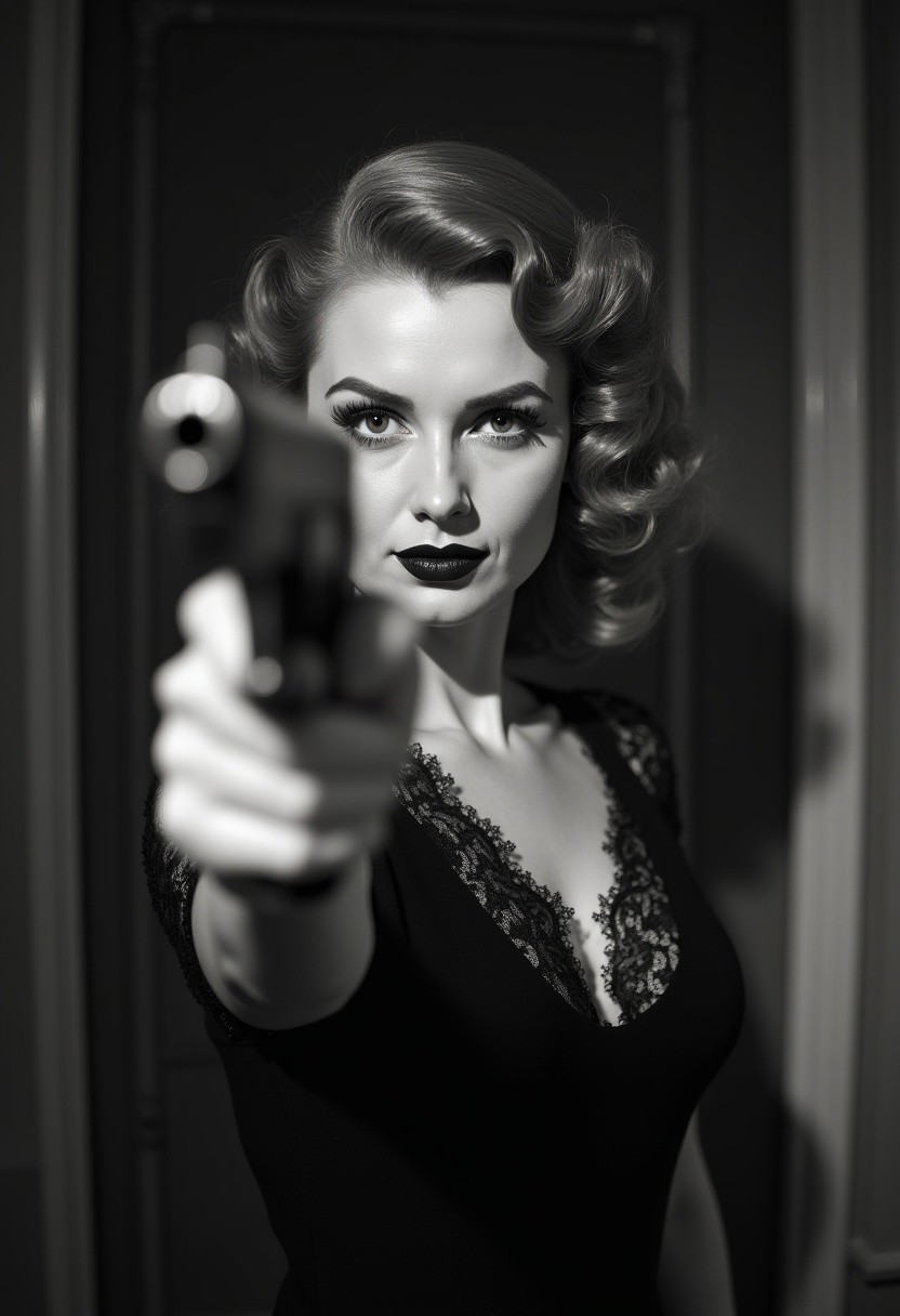 1930s redhead housewife, gorgeous face, Hedy Lamarr lookalike, sultry beautiful petite, black lace dress, hollywood lighting, black and white. pointing a gun at viewer, eye contact, about to fire gun.
