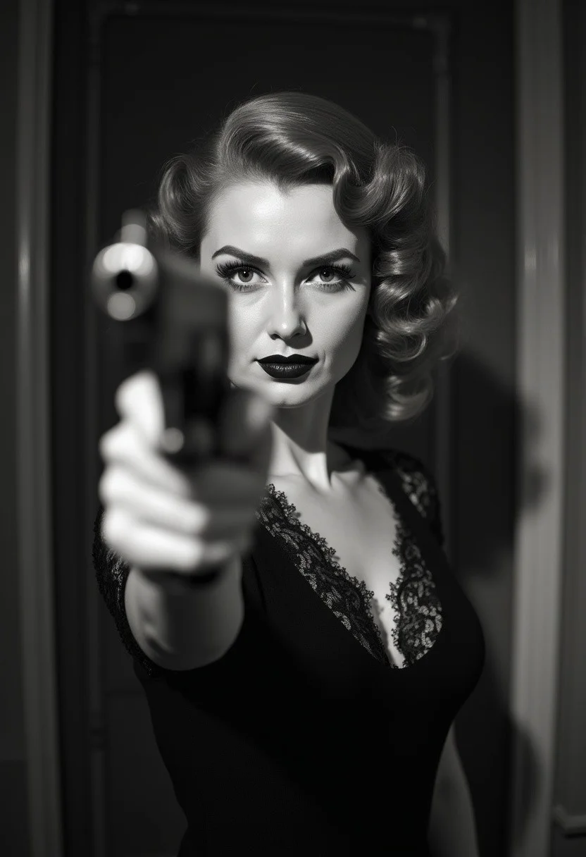 1930s redhead housewife, gorgeous face, Hedy Lamarr lookalike, sultry beautiful petite, black lace dress, hollywood lighting, black and white. pointing a gun at viewer, eye contact, about to fire gun.