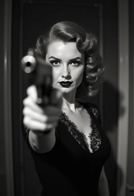 1930s redhead housewife, gorgeous face, Hedy Lamarr lookalike, sultry beautiful petite, black lace dress, hollywood lighting, black and white. pointing a gun at viewer, eye contact, about to fire gun.