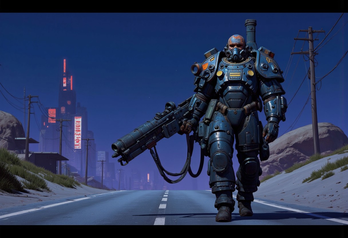 1man, A heavily armored warrior in futuristic black power armor stands confidently, wielding a massive gatling gun. The armor is bulky, with reinforced plating, large shoulder pads, and complex mechanical joints. The helmet has a visor and multiple metallic elements, giving the character a rugged, battle-hardened look. The gatling gun features a drum magazine, with visible wiring and mechanical components, emphasizing its powerful nature. The character exudes strength and resilience, with an imposing and intimidating stance, full shot, full body visible, ultra realistic, masterpiece, he walks in a deserted road, distant cyberpunk metropolis, night time, neon light lights the sky.
