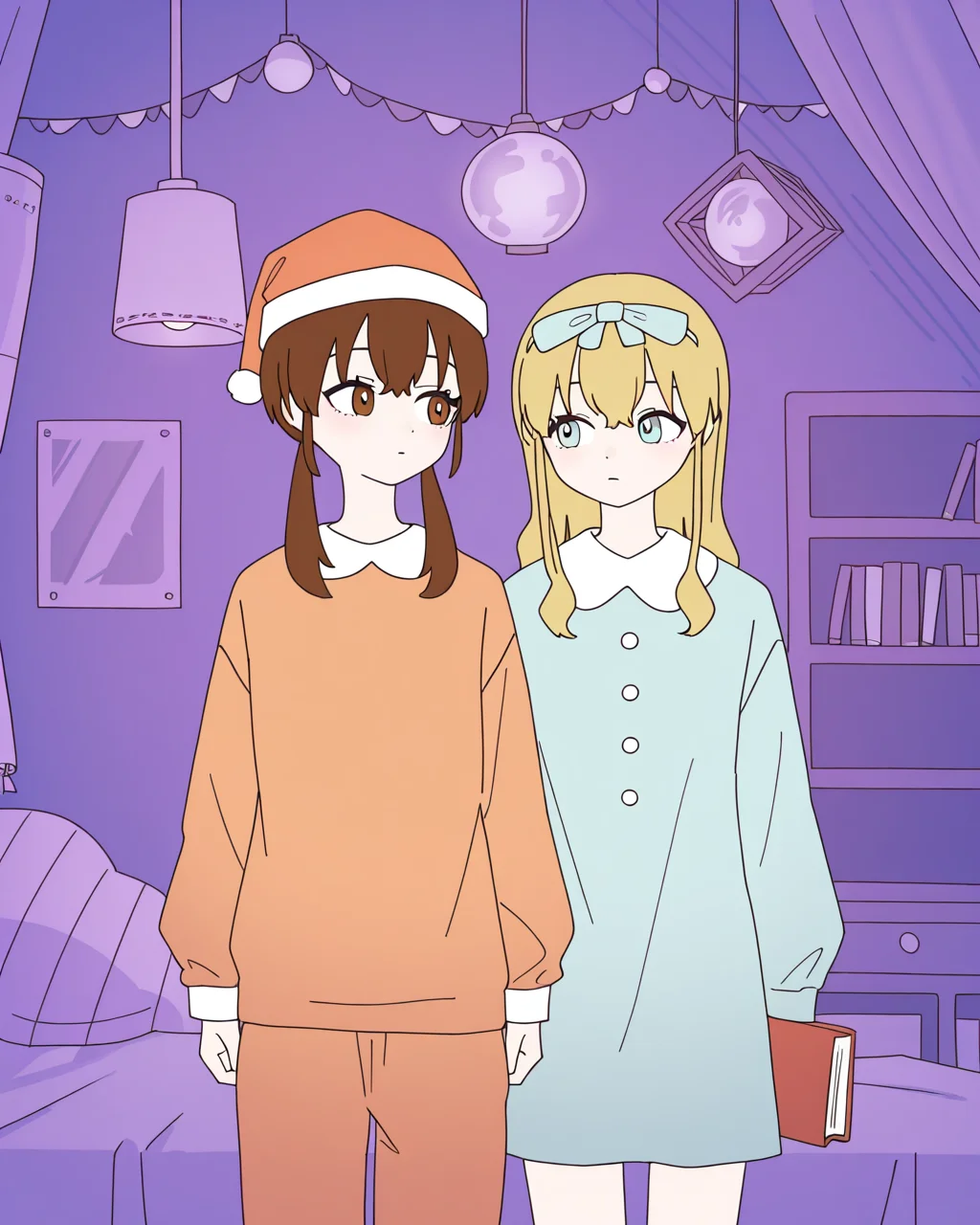2girls, ADDCOL, pajamy \(vocaloid\),blue bow,hair bow,blonde hair,long hair,blue pajamas,blue eyes, ADDCOL, apricot \(vocaloid\),brown hair,low twintails,santa hat,orange hat,orange pajamas,brown eyes, ADDCOL, 2d, flat color, looking at another, cowboy shot, purple background, lamp, curtains, bed, book, bookshelf, masterpiece, best quality, very aesthetic, absurdres