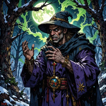 A highly detailed and vibrant digital painting in the style of ck-ib, DGC style, gaunt withered old man, pale skin, blue eyes, wearing a cylindrical monk kalimavkion cap, and elaborate purple monk robes with embroidered stars on the hems. He prays, a poisonous green evil mist hangs low to the ground, an cold winter moon shines a cold moonlight upon this evil scene, horror-themed. Dark fantasy, snowy graveyard, dead trees and frost, dramatic, high-contrast lighting. Theme is action, hunt and aggression. Dark fantasy, a snowy forest clearing, detailed textures and dramatic.