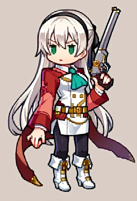 score_9, score_8_up, score_7_up, source_anime, BREAK 1girl, solo, <lora:Feh-Sprites-pdxl_Fp:1>, simple background, chibi, full body, <lora:elie-pdxl-nvwls-v1:1>, zeroElie, black hairband, hair ribbon, long hair, ascot, uniform, long red sleeves, white dress, pencil skirt, belt, black pantyhose, white boots, holding gun, white hair, green eyes,