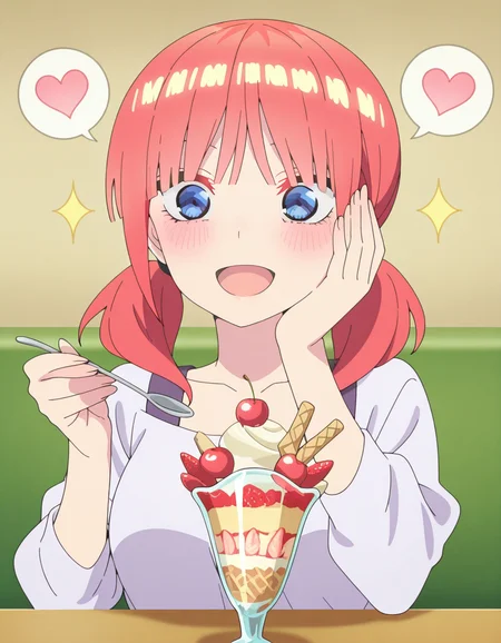 masterpiece, best quality, amazing quality,, <lora:nino-nakano-honeymoon-illustriousxl-lora-nochekaiser:1>, nino nakano, short hair, bangs, blue eyes, twintails, pink hair, blunt bangs, medium hair, eyebrows hidden by hair, mature female, breasts, anime screencap, <lora:parfait-illustriousxl-lora-nochekaiser:1>, parfait, open mouth, heart, food, sparkle, fruit, happy, hand on own face, spoken heart, ice cream, strawberry, spoon, hand on own cheek, cherry, holding spoon, , ,