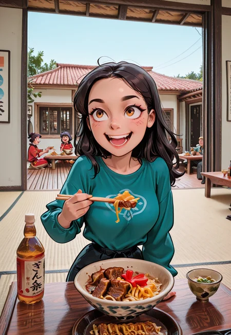 masterpiece, best quality, absurdres, solo, 1girl, one girl, happy, BREAK <lora:Okinawa_Japan_Background_-_Illustrious:0.7>, Okiwajaa, house, rivingroom, table, tatami, day, photo background, BREAK <lora:uchinaa-meshi:0.8>, uchinaa_meshi, food, food forcus, Realstic, holding chopsticks, eating, okinawa soba, sanpincha, bottle, (masterpiece:1.3), best quality, high resolution, unity 8k wallpaper, extremely detailed CG, 8K, brusch, cartoon