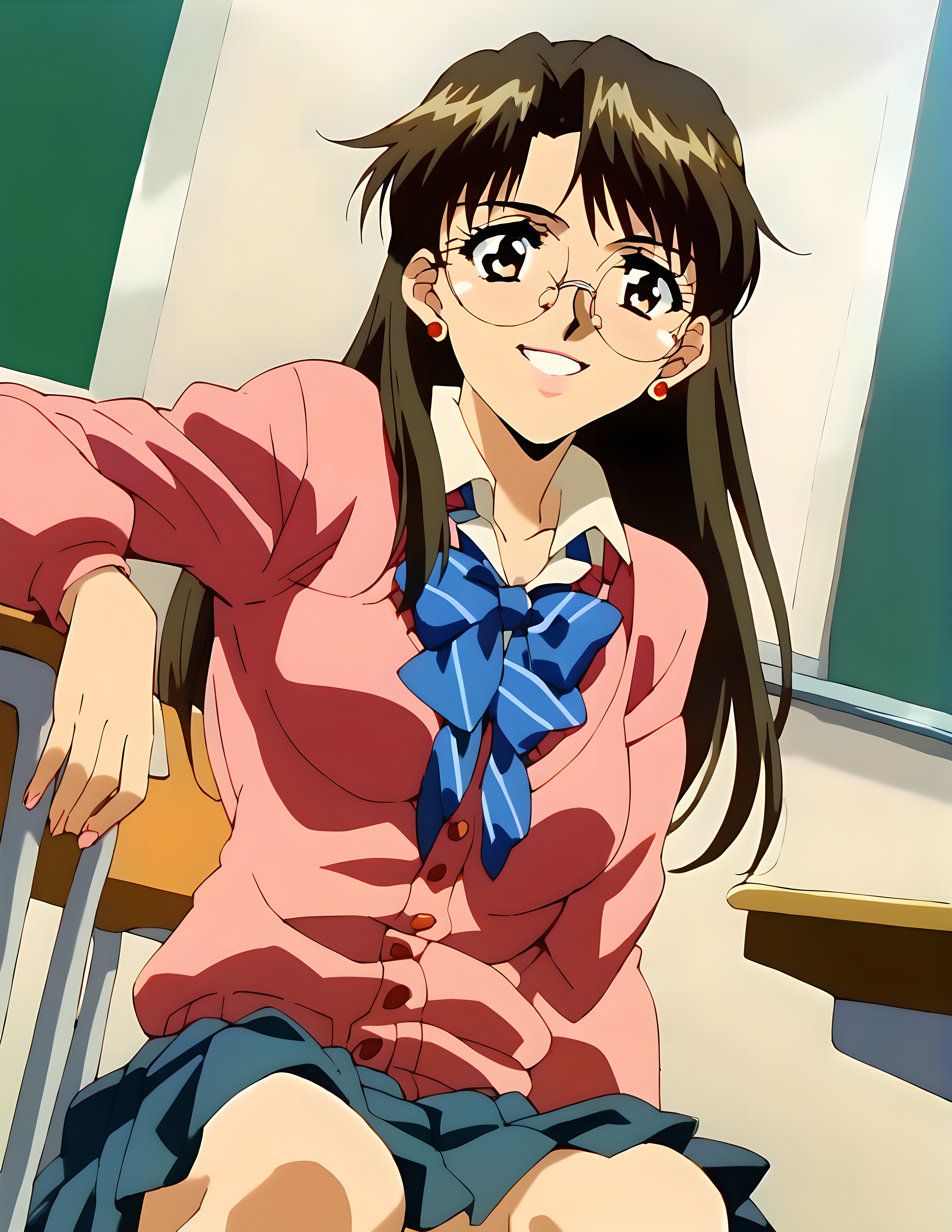<lora:pony_xl_hiromi:0.8>,hiromi,score_9,score_8_up,score_7_up,source_anime,1girl,solo,round_eyewear,long hair,earrings,school_uniform,cowboy_shot,classroom,happy,kind_smile,sitting_on_chair,