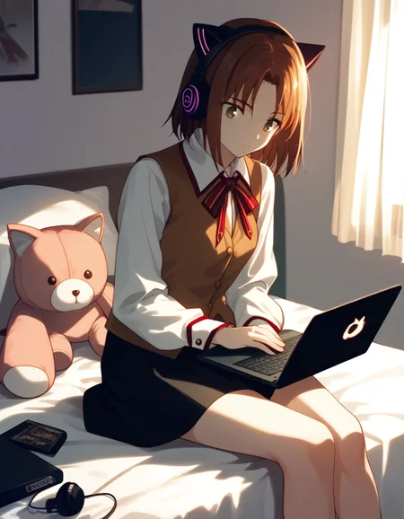score_9, score_8_up, score_7_up, source_anime
<lora:ayako-ponyxl-000035:1> mitsuzuri, homurahara academy school uniform, vest, brown vest, black skirt,
1girl, cat ear headphones on, sitting, bed, laptop, stuffed animals, bedroom, cinematic lighting, dramatic angle, volumetric lighting
