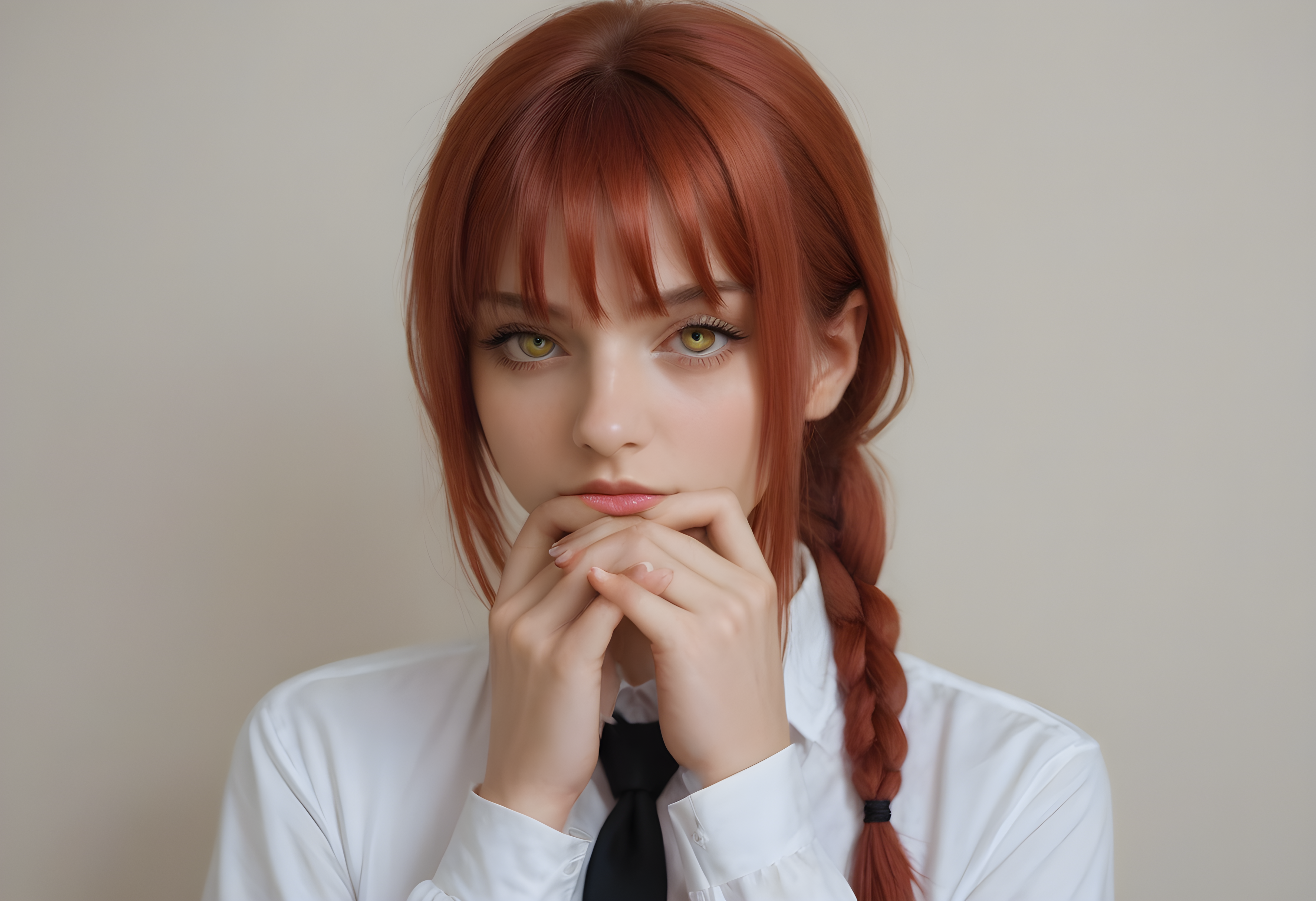 score_9, score_8_up, score_7_up, BREAK, The image shows a woman with long red hair wearing a white shirt and black tie, posing for a picture against a white background. realistic, makima \(chainsaw man\), 1girl, solo, long hair, looking at viewer, bangs, simple background, shirt, long sleeves, white background, closed mouth, yellow eyes, white shirt, upper body, braid, red hair, necktie, collared shirt, own hands together, black necktie, braided ponytail, ringed eyes,  photo, real hair, detailed skin, highly detailed, detailed skin, film grain, <lora:zy_AmateurStyle_v2:0.45>