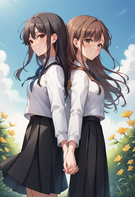 score_9, score_8_up, source_anime, highly detailed,
back-to-back, 2girls, multiple girls, long hair, school uniform, skirt, holding hands, black hair, brown hair, interlocked fingers, long sleeves, black skirt,
smile, shirt,
outdoor,