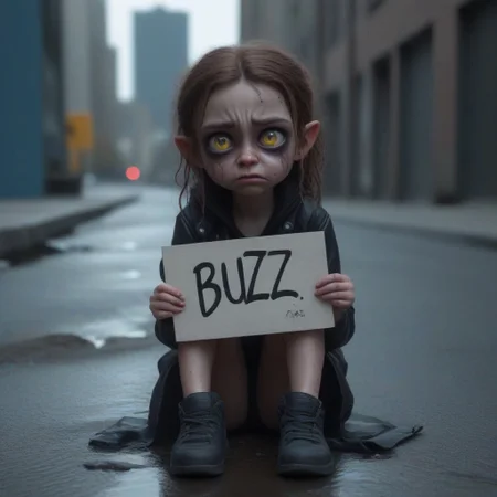 A young demon girl is making a cute sad face with watery eyes, she holds up a sign that says "BUZZ PLZ", she is sitting on her knees looking up at the viewer, she sits on the curb of a dystopian future