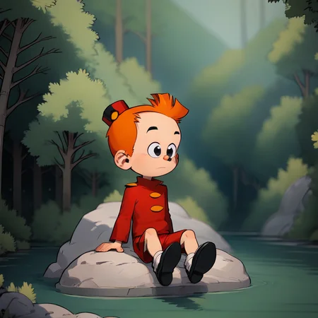 score_9_up, score_8_up, BREAK, Spirou, solo, 1boy, orange hair, black eyes, red hat, red shirt, long sleeves, stripes, shorts, black footwear, <lora:Little_Spirou_PXL_Leaf5:1>, outdoors, forest,  sitting on rock.