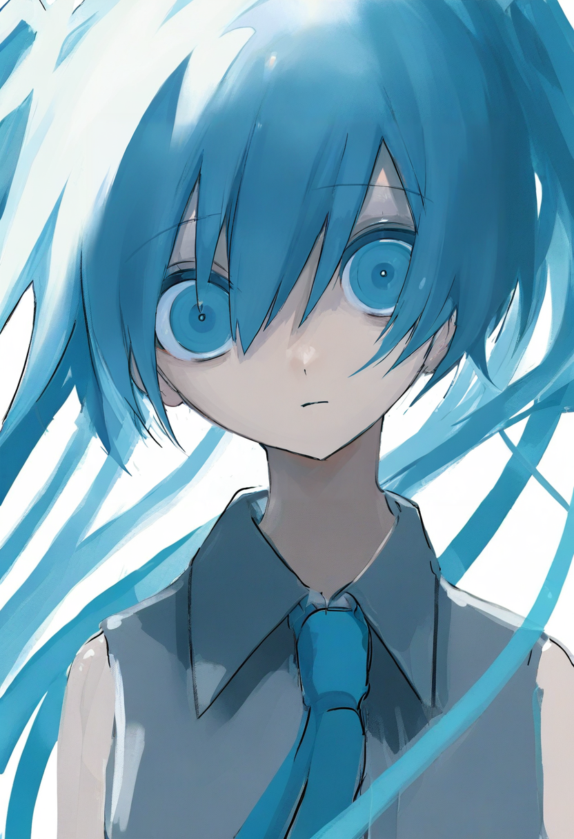 1girl, solo, hatsune miku, long hair, twintails, looking at viewer, shirt, white background, blue eyes, blue hair, upper body, simple background, necktie, collared shirt, grey shirt, hair between eyes, sleeveless, aqua hair, bangs, sleeveless shirt, aqua eyes, closed mouth <lora:shiunXL_NB11_lokr_V6311P:0.95>