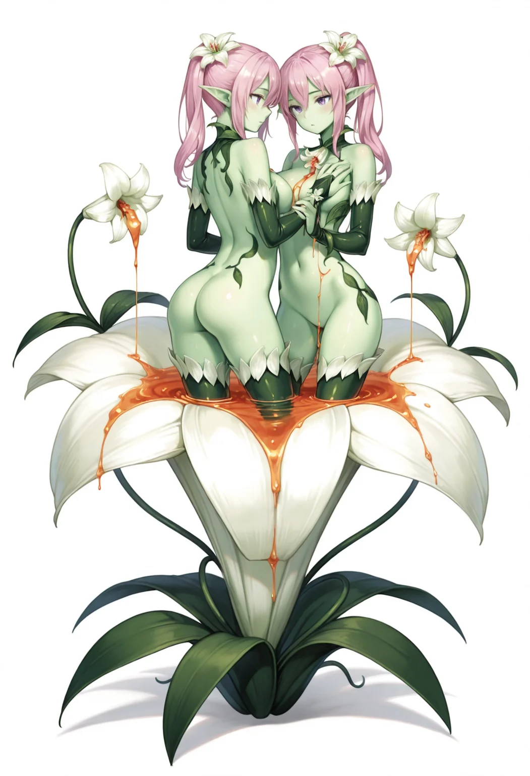 masterpiece, high quality, best quality, highres, multiple girls, 2girls,
liliraunemge, plant girl, monster girl, green skin, pointy ears, colored skin, purple eyes, pink hair, hair ornament, hair flower, bridal gauntlets, lily \(flower\), nude, twins, large flower, plant around girl, honey, white petals, thighs submerged, legs submerged, leaves, plant clothing,
full body, white background, simple background,
<lora:liliraunemge-000010:0.8>