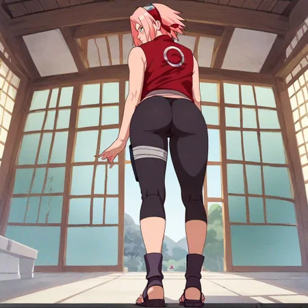 score_9, score_8_up, score_7_up 1girl, 1GIRL, HARUNO SAKURA, PINK HAIR, SHORT, HAIR, GREEN EYES, FOREHEAD Protector, bike pants, standing, from behind, from below, ass focus, small ass, small hips, small thighs, tight pants, ripped pants, full body, looking at the viewer , blush, light smile, finger on lips, anime screencap, naruto anime style, <lora:sdxl/princess_xl_v2:0.7> <lora:pony/thepit:0.5>