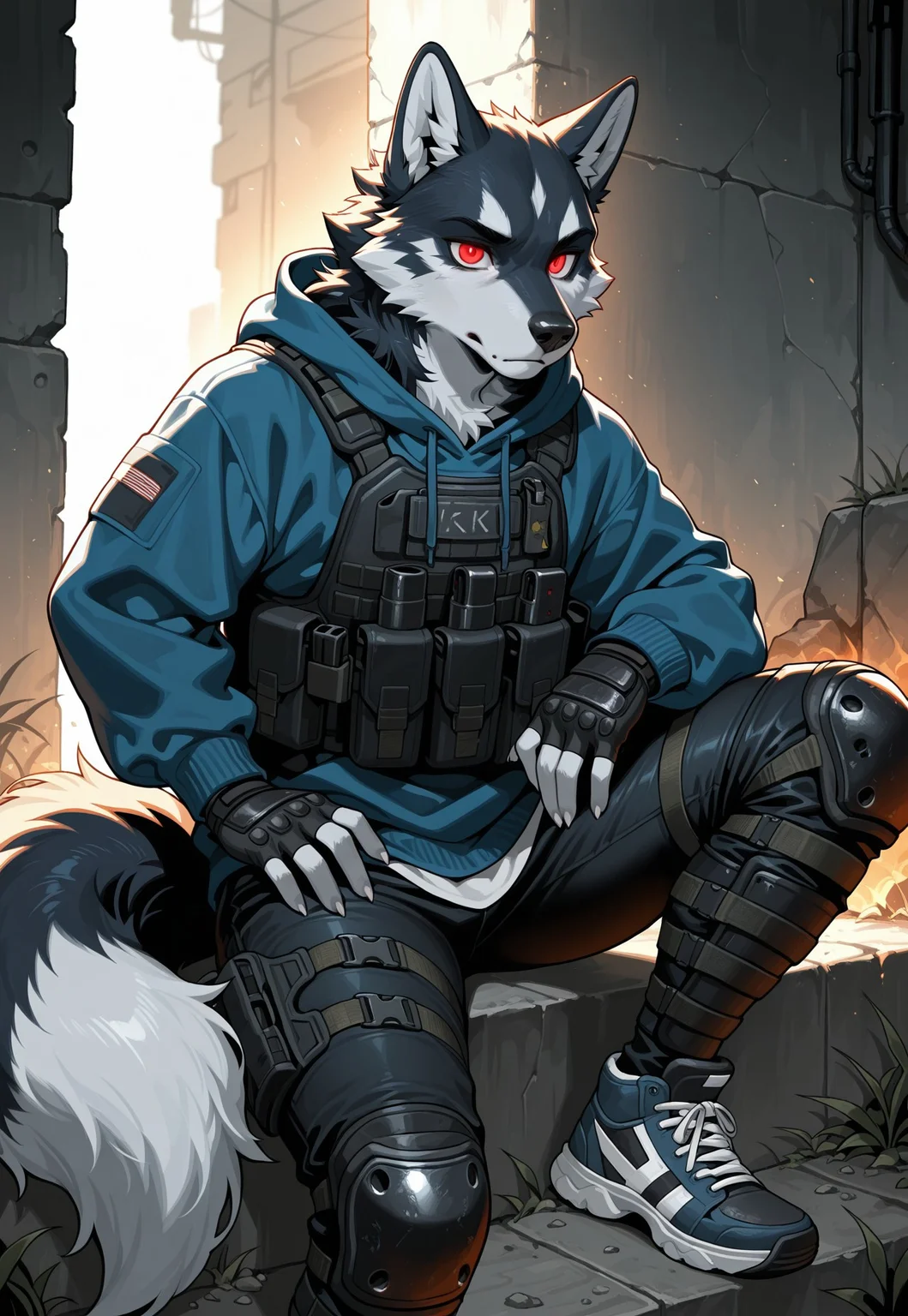 masterpiece,best quality, amazing quality,1boy, solo, fox, Furry wolf (black and white furr), fluffy tail, 5 fingers, Wolf Red eyes, black nose, sneakers, black jeans, blue hoodie, tactical body armor, hood, fingerless gloves, knee pads and shin guards, stalker style.