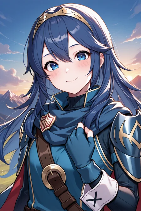 masterpiece, best quality, 1girl, solo, <lora:felucina-illu-nvwls-v1-000005:1> dfLuc, long hair, tiara, cape, shoulder armor, blue tunic, long sleeves, cuffs, blue scarf, fingerless gloves, belt, looking at viewer, smile, blush, clenched hand, hand on own chest, blue sky, clouds, mountains, sunset, upper body, portrait