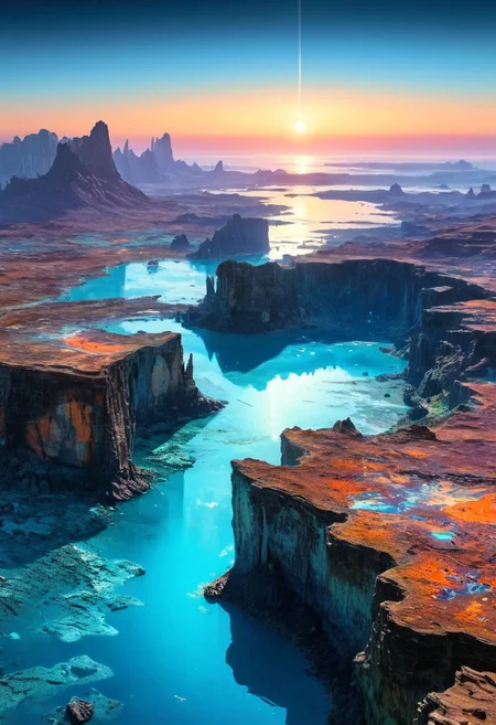 Aerial perspective, expansive panorama of a crystalline lagoon nestled amid iridescent rock formations and enigmatic bioluminescent forests. Futuristic island metropolis outlined along jagged, reflective shores, illuminated by ambient cosmic lighting and dynamic neon glows, intricate textures of layered sedimentary cliffs merging with surreal water reflections. Vast, dramatic vista characterized by a celestial sky, drifting nebular clouds, and hints of luminescent mist. Ultra high definition, 8K masterpiece quality, intricate cinematic framing, evocative color palette, ornate natural details and advanced urban design, breathtaking scale and spatial dynamism.