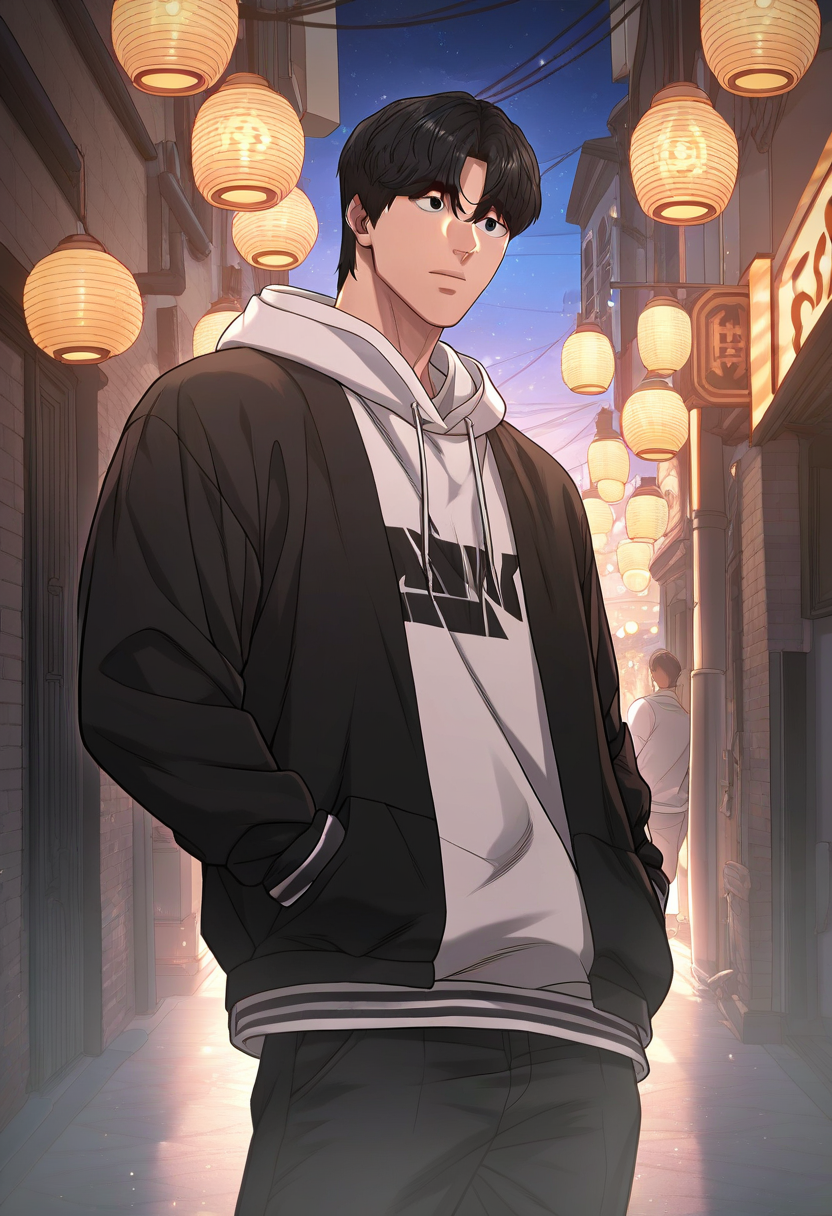 1boy, male focus, solo,
<lora:Character - Questism - Kim Suhyeon:1> kimsuhyeon, black hair, black eyes
,((zPDXL)), score_9_up, score_8_up, score_7_up, score_6_up, score_5_up, score_4_up, best quality, amazing quality, best aesthetic, amazing aesthetic, absurdres, year2023, uncensored, very nsfw, official art, official style,
standing, hoodie, alley, night sky, surrounded, crowd,