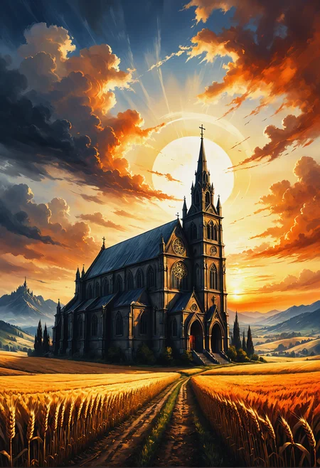 dark souls gothic scary style cinematic 16k resolution masterpiece illustration painting consisting of oil, watercolors and ink gothic church sunset golden orange sky white cloudscape mountains wheat field hyper details extreme details make masterpiece make perfect beautiful hyper details 8k intricate motifs perfect composition insanely-detailed extreme-detailed hyper-detailed volumetric deep rich colors volumetric lighting shadows Ray tracing, abstract art complementary colors fine details<lora:xl_more_art-full_v1:0.3>
