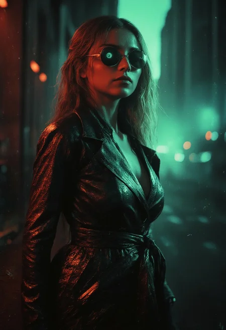 Bleaked dark-turquoise and red n30nfilm, High-quality photograph of a '70s-inspired hkevil cyber-spy, captured in a tense moment within a futuristic noir setting. She stands poised, her figure draped in a sleek, form-fitting, metallic trench coat that glistens under the eerie glow of neon city lights. Her voluminous blonde hair cascades in soft waves, contrasting against the dark, shadowy backdrop and adding a striking, radiant touch to her otherwise enigmatic presence. The spy’s eyes, hidden behind dark-tinted, high-tech sunglasses, emit a faint, glowing green light, hinting at advanced cybernetic enhancements. In one hand, she clutches a sleek, deadly plasma pistol, its barrel glowing with dark turquoise and green energy, while the other hand rests on a console, subtly hacking into an unknown system.
The environment is thick with mystery—a shadowy, rain-soaked alleyway lined with towering skyscrapers and flickering neon signs. Volumetric lighting from a nearby streetlamp casts long shadows across her form, while green-tinted rain trickles down the scene, reflecting off her metallic coat. The air around her crackles with tension as debris and smoke swirl, creating a chaotic yet alluring backdrop. She stands ready, calculating her next move in a world of espionage, betrayal, and high-stakes action, embodying both elegance and danger.