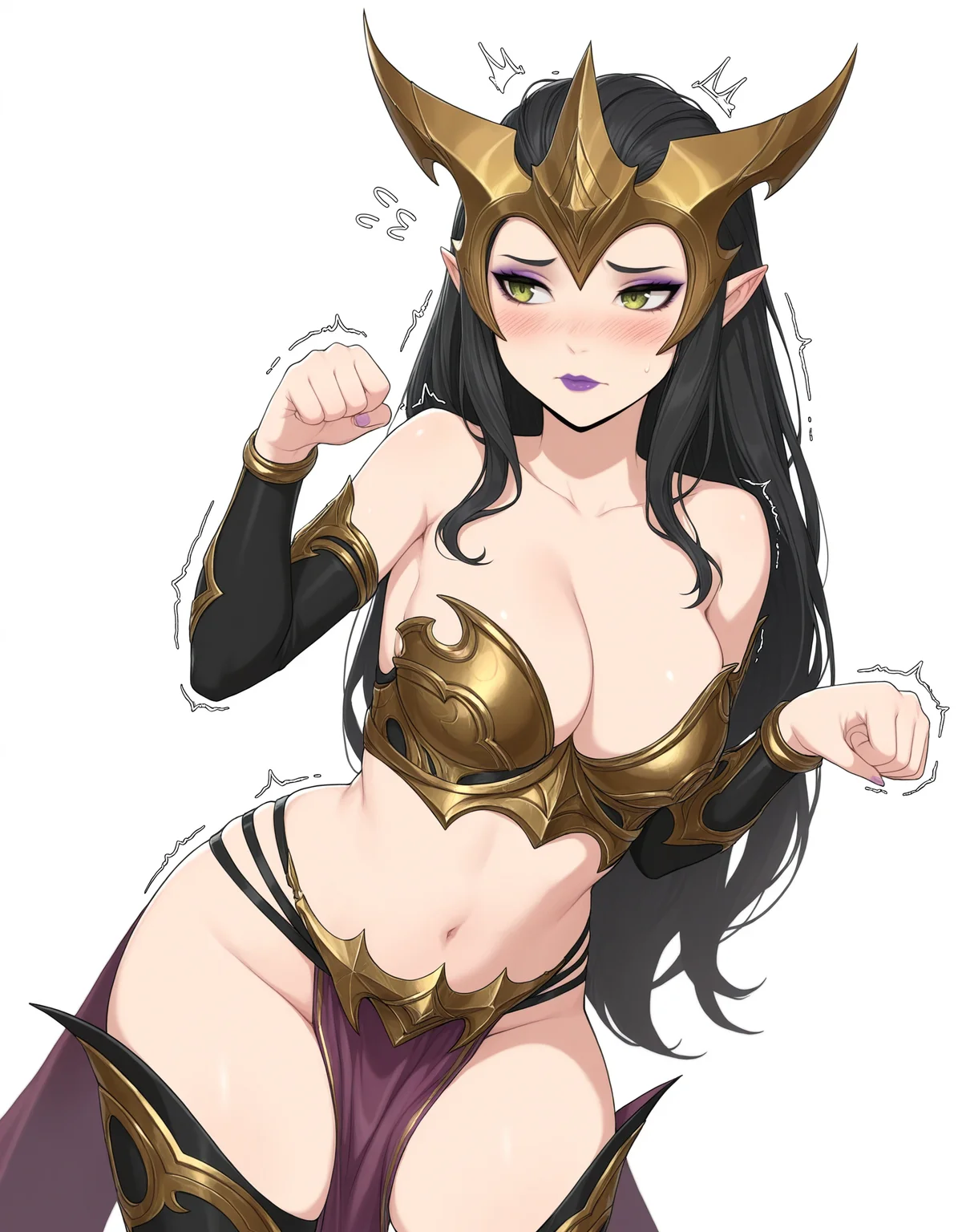 masterpiece, good quality, best quality,
DESorceress, solo, armor, pelvic curtain, curvy, black hair, purple lips, pointy ears,
paw pose, blush, embarrassed, averting eyes, trembling,
<lora:DarkElfSorceress_Vpred:0.7>