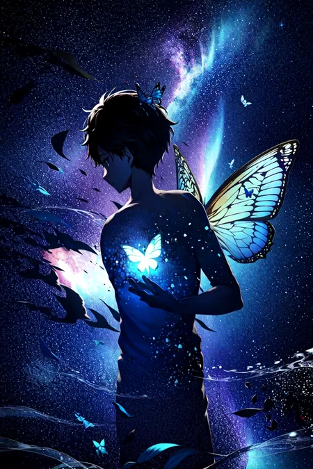 masterpiece, best quality, 1boy, blue_butterfly, butterfly, crescent_moon,glowing_butterfly, heart, male_focus, moon, planet, signature, solo, space, tanzaku,<lora:JW:0.8>,starry,strry light,night,