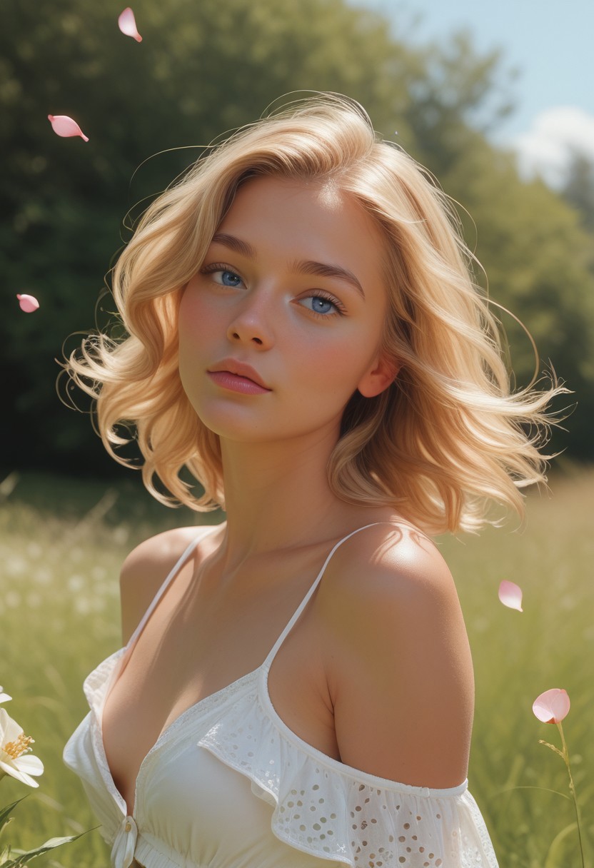 score_9, score_8_up, score_7_up, outdoors, solo, a beautiful woman posing seductively with light skin and short wavy blonde hair, hair blowing in the wind, blue eyes, small breasts. Wearing sexually suggestive clothing.  Clothes blowing in the wind. in the grass surrounded by flower petals, in bright natural daylight, the blurred background, casual and confident pose, photorealistic, bokeh effect, summer lighting, warm tones