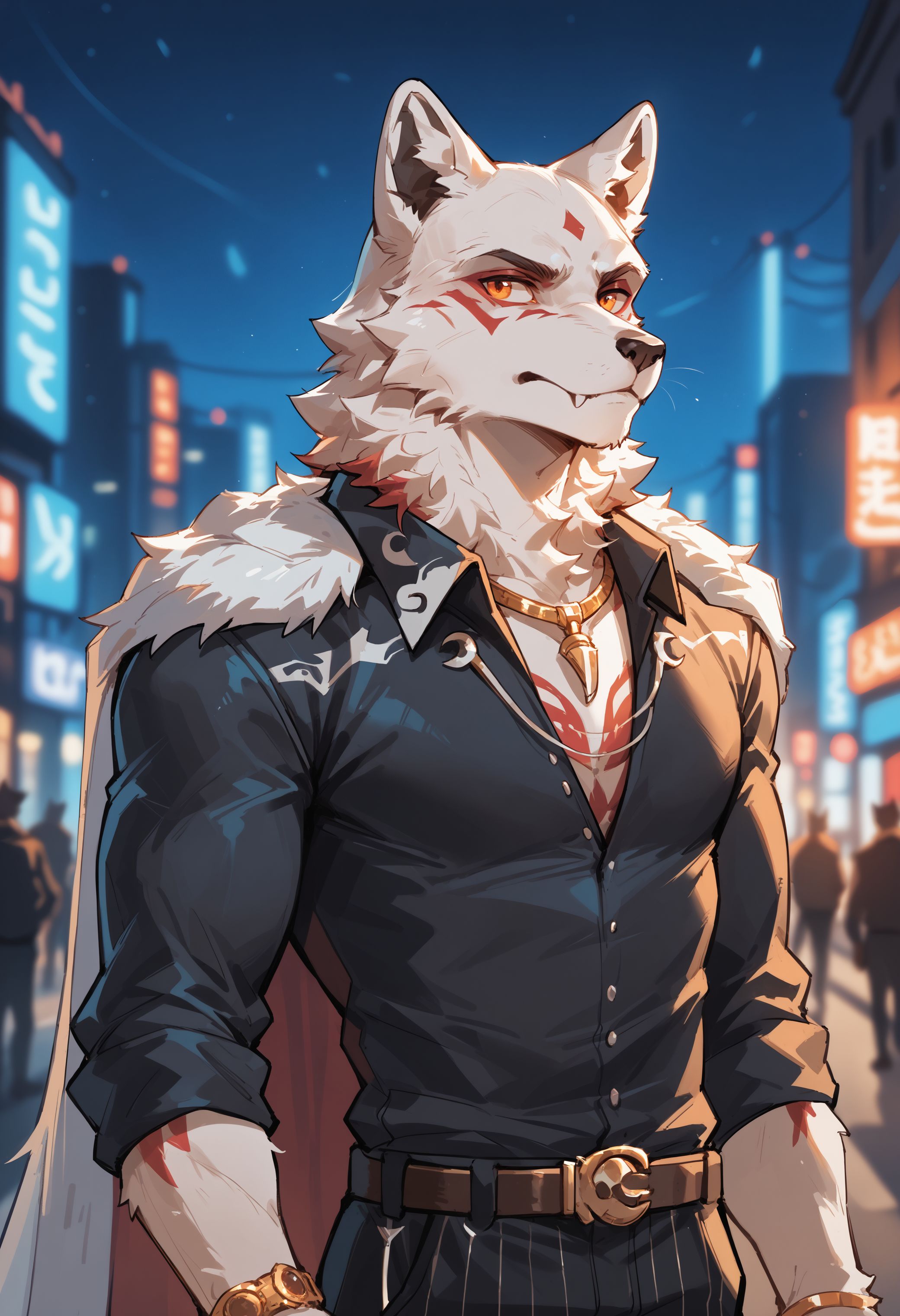 score_9, score_8_up, score_7_up, score_6_up, high res, best quality, f1etcher_k4ne, 1boy, male focus, solo, furry, furry male, orange eyes, white fur, jewelry, cape, night city, blurry background, neon glow, <lora:Fletcher_Kane_Fortnite:1>