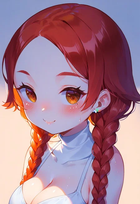 score_9,score_8_up,score_7_up,blurry,<lora:PetraStyle:1.8>,((masterpiece)),illustration,high detail, trending,kawaii,pale skin,red hair with braids, brown eyes,long eyelashes, blush,white sleeveless summer dress,smile,big breasts,cleavage,sexy