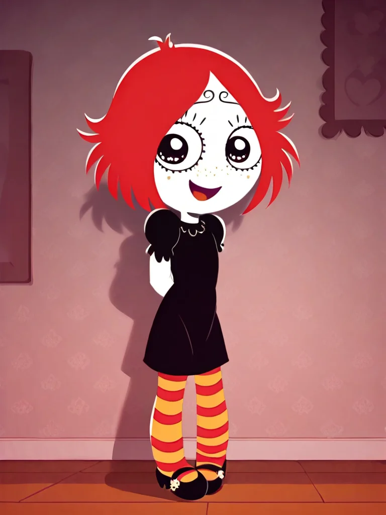 score_9, score_8_up, score_7_up,
1girl, ruby gloom, red hair, short hair, white skin, freckles,
black dress, puffy short sleeves, striped legwear, leggings, pumps, shoes,
smile, open mouth, looking at viewer,
standing, indoors, bedroom, arms behind back,