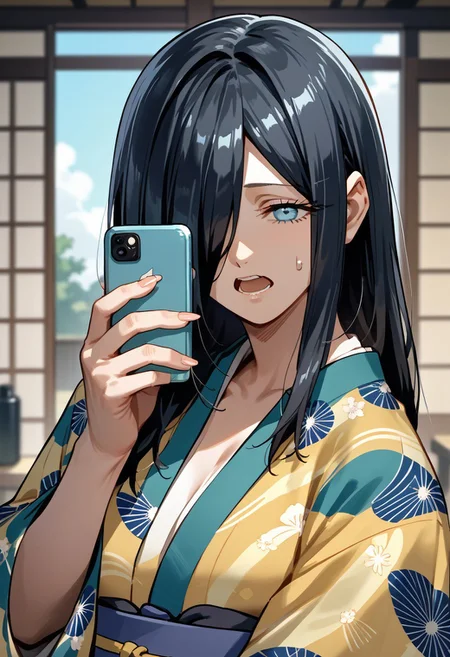 score_9,score_8_up,score_7_up,source_anime,Hana Mitani,1girl,solo,looking at viewer,open mouth,holding,upper body,japanese clothes,kimono,hair over one eye,sweatdrop,fingernails,phone,cellphone,smartphone,holding phone,talking on phone
