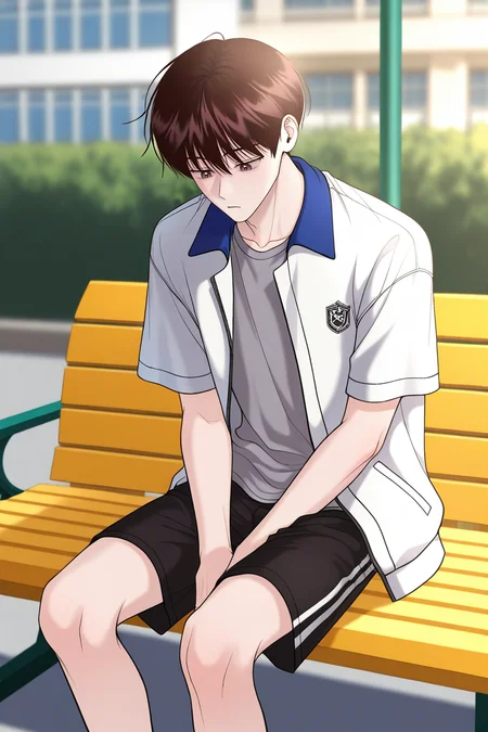 masterpiece, best quality, amazing quality, very aesthetic, high resolution, ultra-detailed, absurdres, newest, scenery, volumetric lighting, depth of field,anime screencap, , , 1boy, solo, male focus,<lora:yoil:0.80>,won yo il,dark brown hair,brown eyes,short hair,shirt, sitting, grey shirt,jacket,short sleeves, outdoors, open clothes, shorts, feet out of frame, black shorts,white jacket,blue collar,collared jacket,bench, looking down,thoughtful expression,school,schoolyard