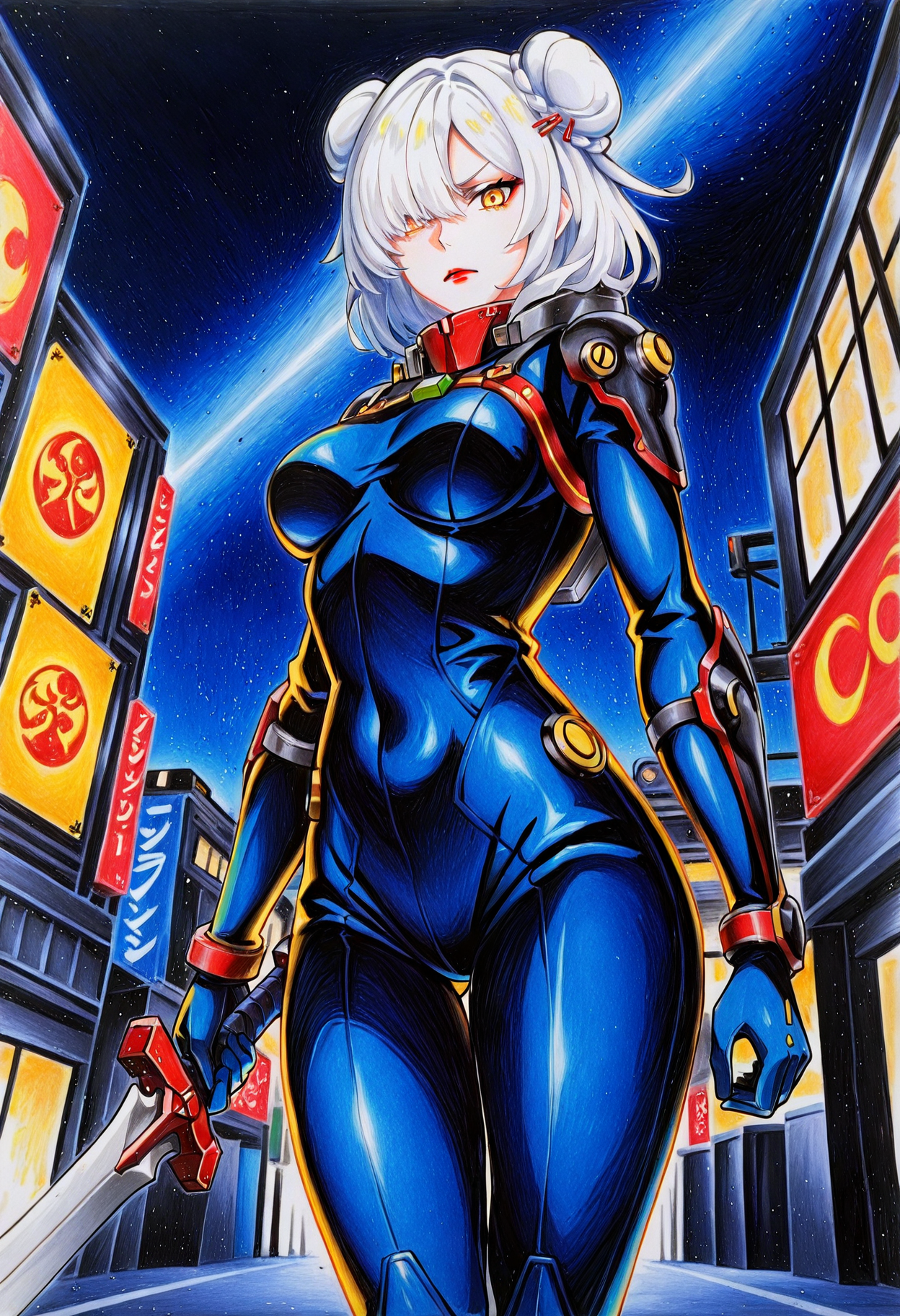 1girl, bun_head, white hair, hair over one eye, yellow eyes, medium breasts, china hairpins, red lips,
front view,
standing, space bodysuit, armor, holding sword,
sci fi, street, night, angry,
side view, looking at viewer, low angle,
colorpencilstyle, color pencil art, <lora:Hanran_Non_artist_style:1>,