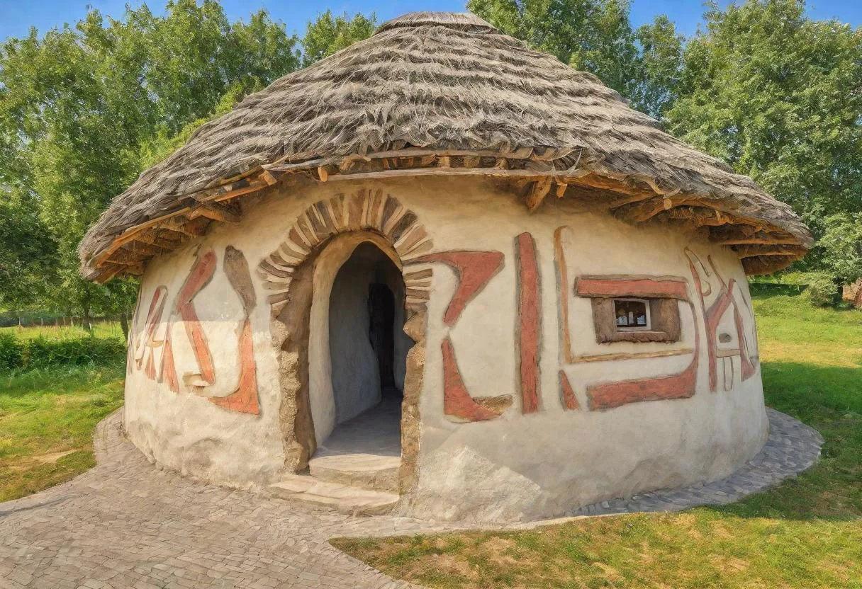 HDR,UHD,8K,Highly detailed,realistic,photo-realistic:1.37), exterior of a neolithic house painted in neolithic style, neolithic pattern