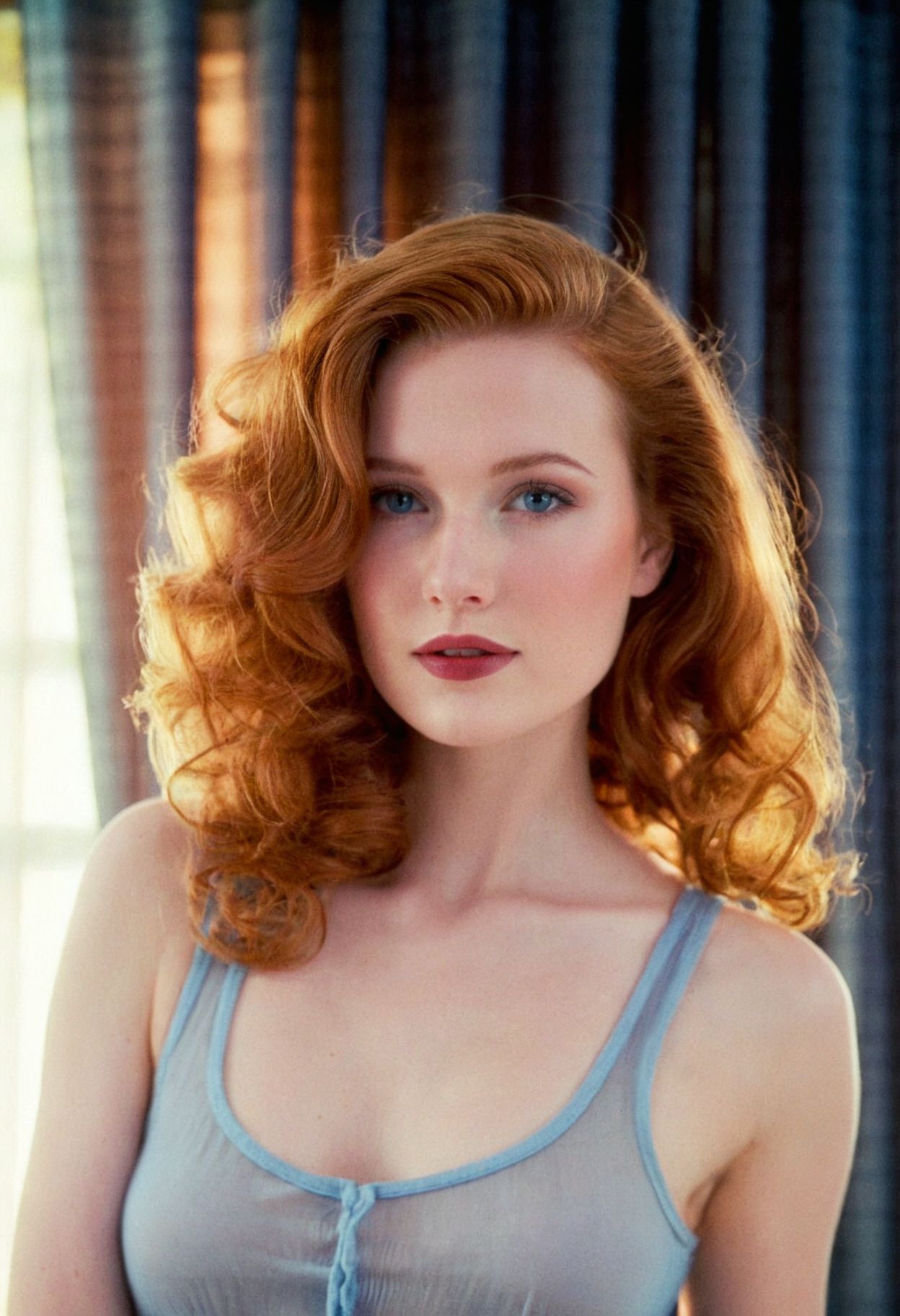 photo analog ginger woman indoors backlight, hair glow, dark lipstick, blue eyes, tank top, sheer curtain, (((soft focus, depth of field, film grain, looking at viewer, masterpiece))) <lora:EuroBabe-v4-XL:0.6>