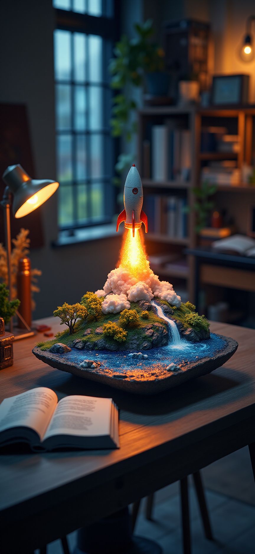 (indoor,very wide isometric view,tilt-shift lens:1.6), (A miniature diorama of:2.5) of (stasis _chamber:1.5), gradation,  gradation,(galaxy,milky way:1.3),  rocket with flame at (floating island,levitating  island:1.5) on (table:2) at (study:2.5)  <lora:Diorama_Flux:1>