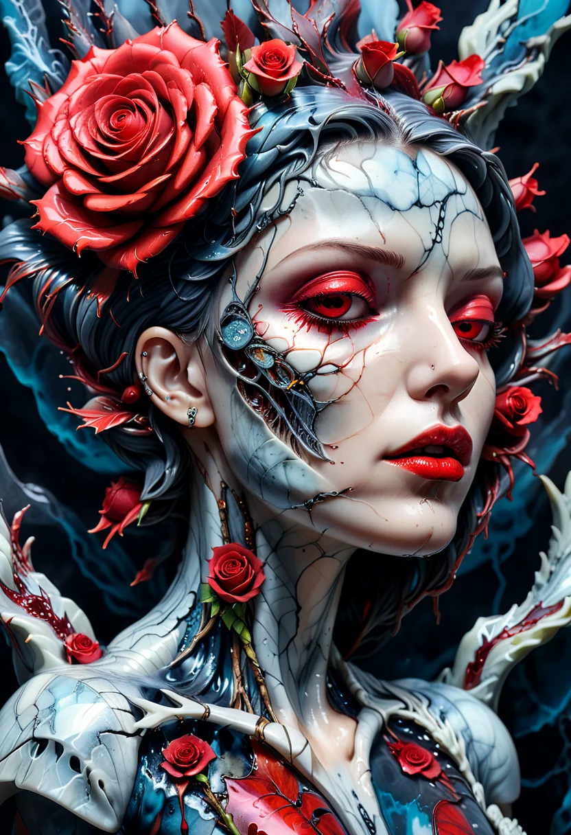 (HD, masterpiece, best quality, hyper detailed, ultra detailed, {detailed background| }, super realistic),cyberpunk woman face, cracked liquid marble, melancholic, side view, looking to the ground, tear, steam pipes connected to back neck, (feathers:1.2), (flower red rose:1.3), torns vines, bionic eyes open, glowing red light, (nose piercing:1.2), GeekyXL_Liquid_Marble, add-detail-xl, xl_more_art-full_v1<lora:XL\Style\GeekyXL_Liquid_Marble.safetensors:0.8:0.8> <lora:XL\Enhance\add-detail-xl.safetensors:0.6:0.6> <lora:XL\Enhance\xl_more_art-full_v1.safetensors:0.6:0.6>