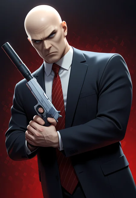 masterpiece, best quality, amazing quality, dutch angle, abstract background, BREAK
solo, 1boy, male focus, agent47, bald, grey eyes, frown, dark suit, red tie, silver gun, silver handgun, silencer, BREAK
<lora:cfg_scale_boost:.6> <lora:Agent_47_-_Hitman_-_ILXL:1>