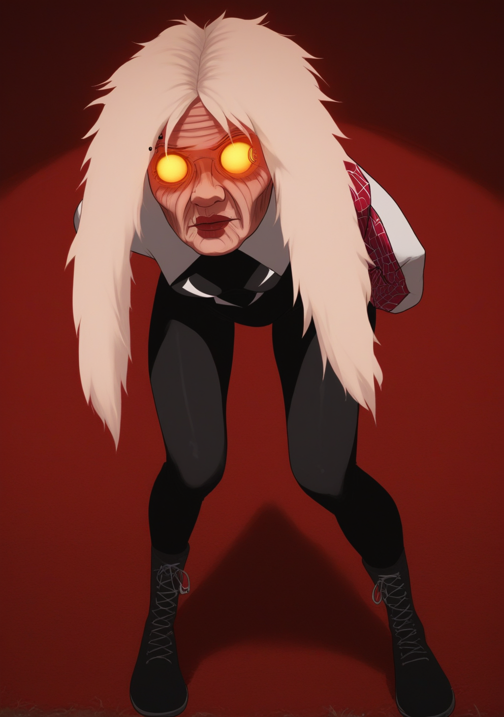 score_9, score_8_up, score_7_up, score_6_up, score_5_up, score_4_up, masterpiece, high quality, BREAK, full body, BREAK, 1girl,  <lora:Turbo_Granny_-_Dandadan_Pony_XL:0.8> yellow eyes, long hair, turbo granny, wrinkles, old, 1girl, colored sclera, white hair,, glowing eyes, short <lora:GwenstacySDXL:0.7> gwenstacysdxl, hood, solo, bodysuit, spider web print, hooded bodysuit, superhero, eyebrow piercing, asymmetrical hair, spider web, piercing, blonde hair, blue eyes, skin tight